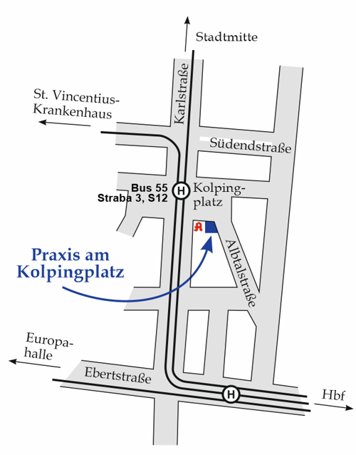 Stadtplanausschnitt Praxis am Kolpingplatz